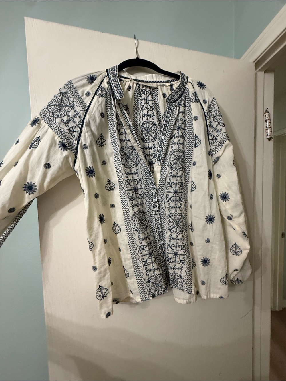 Maison Hotel Women's White Embroidered Peasant Jacket with Navy Detail - Picture 2 of 4